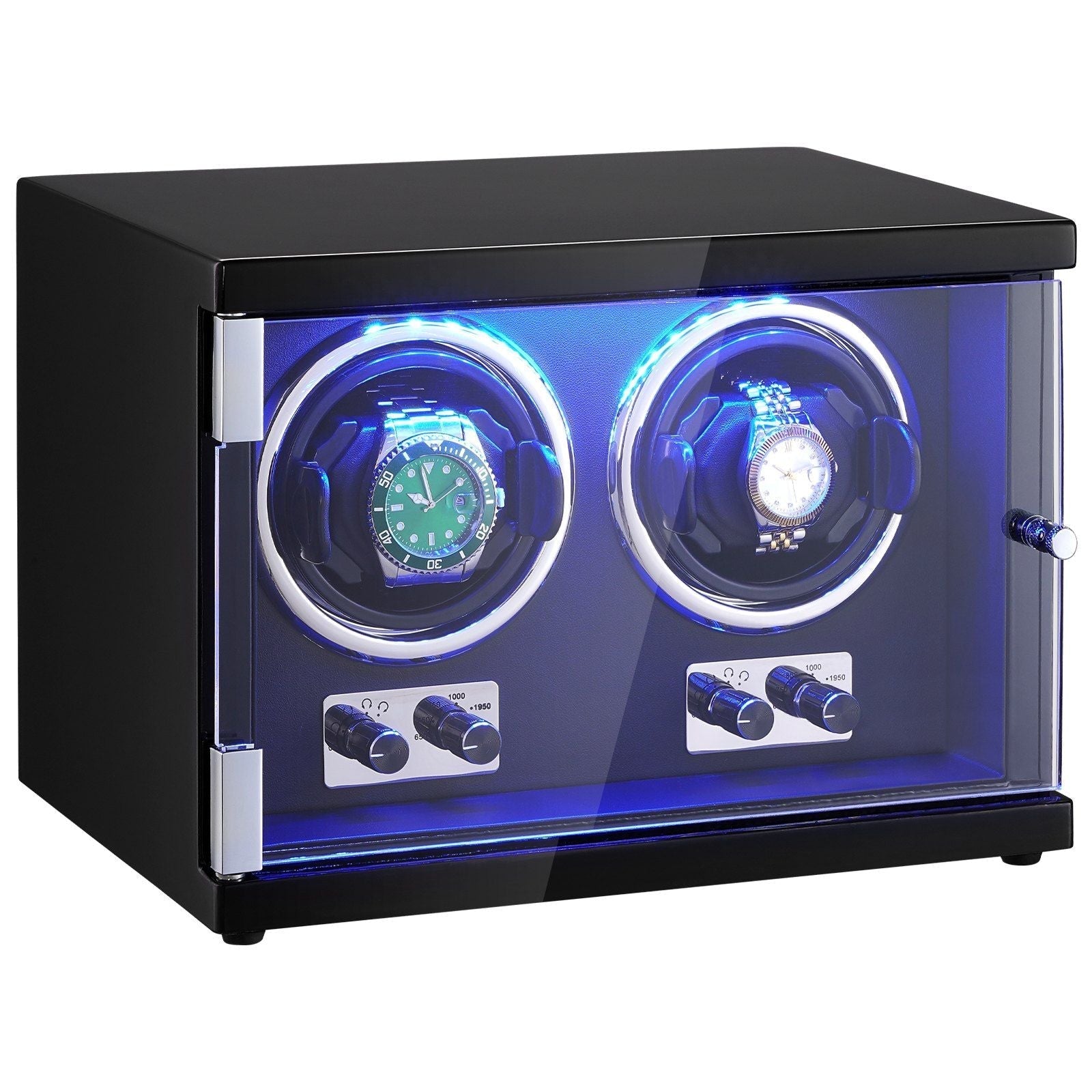 Watch Winder, Dual Watch Winder for Men's and Women's Automatic Watch, with 2 Super Quiet Japanese Mabuchi Motors, Blue LED Light and Adapter, High-Density Board Shell and Black PU - Overture Gifts