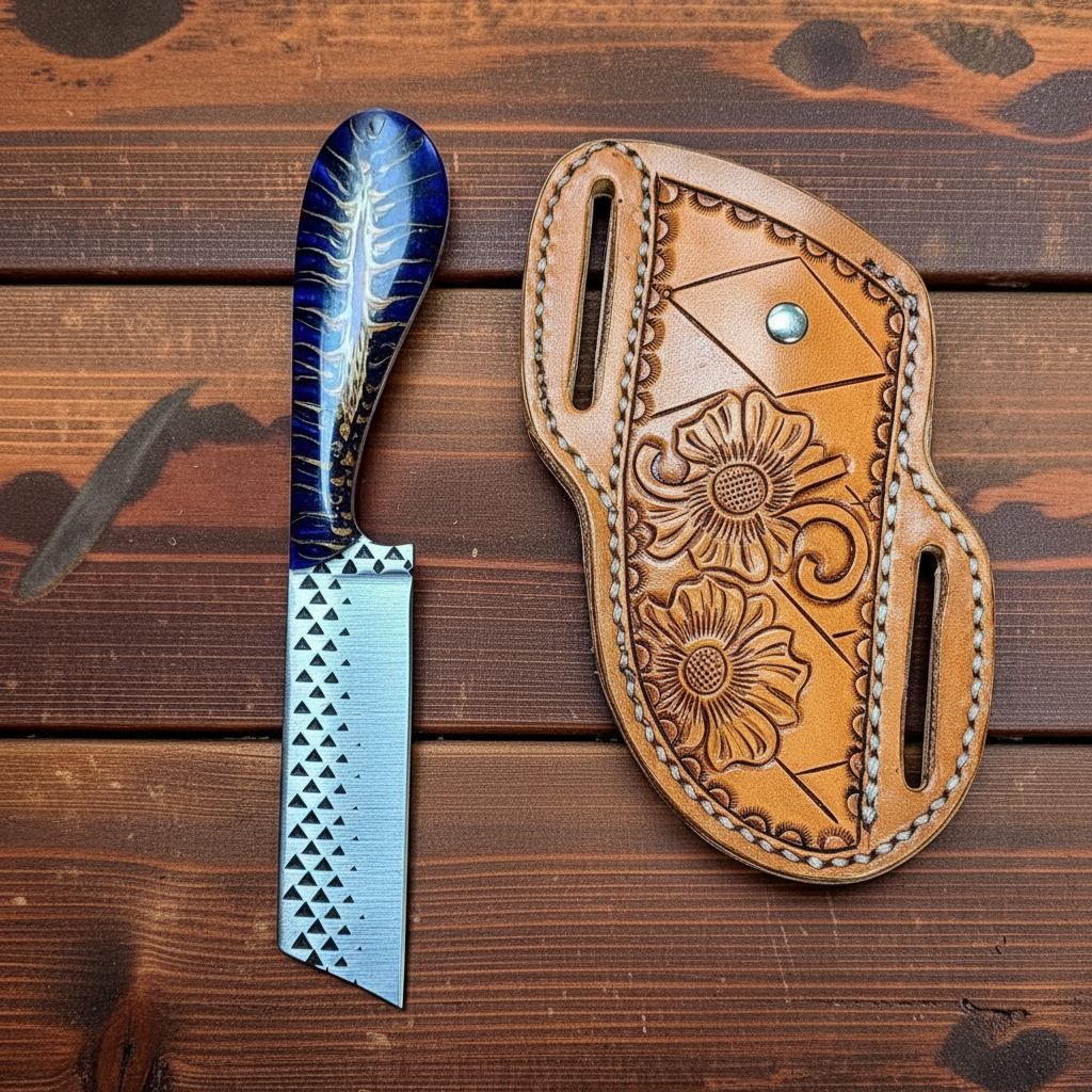 The Ponderosa – Custom Handmade Rasp Steel Bull Cutter Knife with Blue Epoxy Pine Cone Resin Handle & Leather Sheath