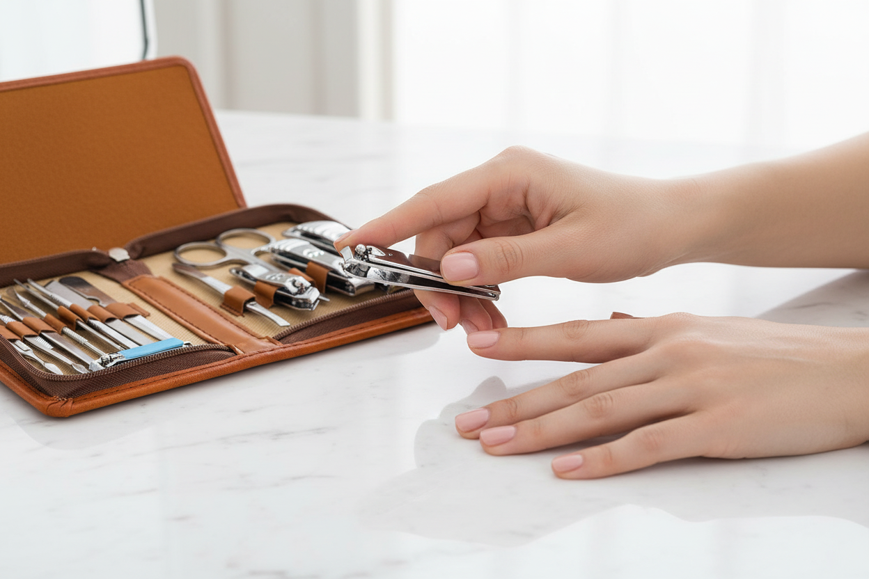 Woman using nail clipper from leather manicure kit