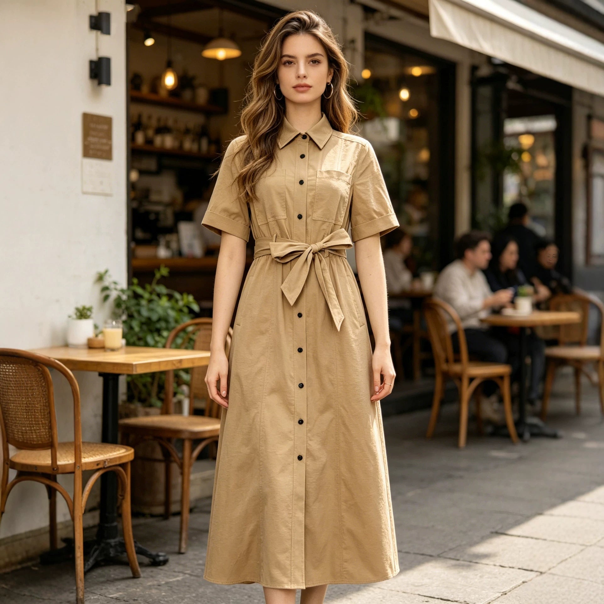 Women Short Sleeve Collared Waistband Breasted Decorative Khaki Shirt Dress - Overture Gifts