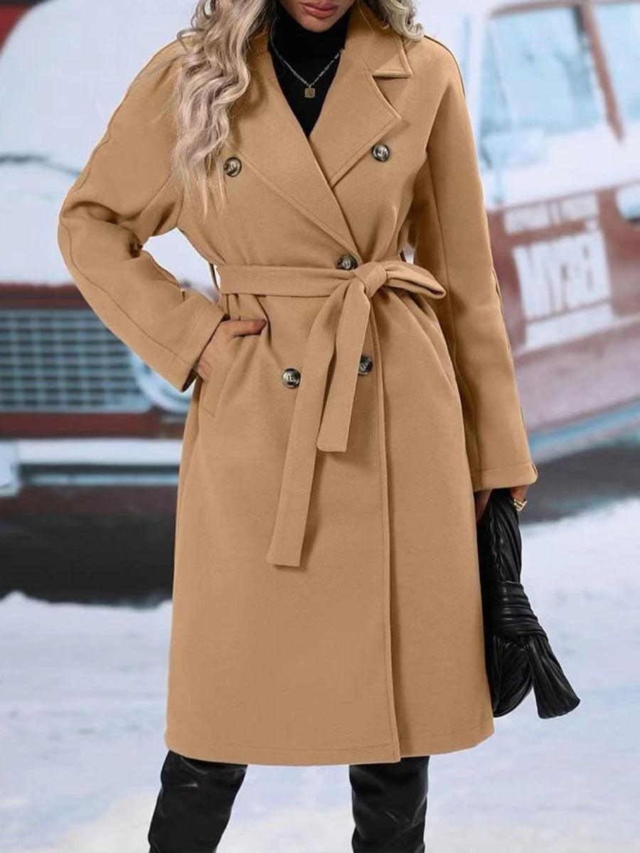 Womens Winter Coat Trend Lapel Double-breasted Trench Coat With Belt Winter Fashion Solid Color Long Jacket Outwear Women Clothing Notched Lapel Collar Double Breasted Pea Coat Winter Wool Blend Over Coats Long Jackets - Overture Gifts