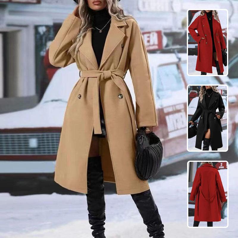 Womens Winter Coat Trend Lapel Double-breasted Trench Coat With Belt Winter Fashion Solid Color Long Jacket Outwear Women Clothing Notched Lapel Collar Double Breasted Pea Coat Winter Wool Blend Over Coats Long Jackets - Overture Gifts