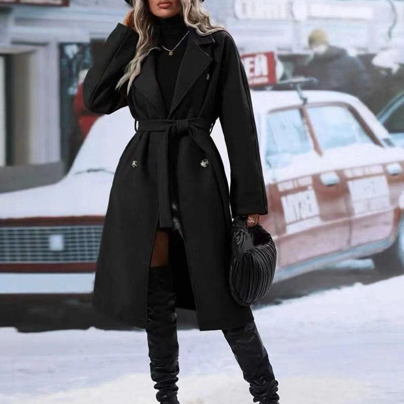 Womens Winter Coat Trend Lapel Double-breasted Trench Coat With Belt Winter Fashion Solid Color Long Jacket Outwear Women Clothing Notched Lapel Collar Double Breasted Pea Coat Winter Wool Blend Over Coats Long Jackets - Overture Gifts