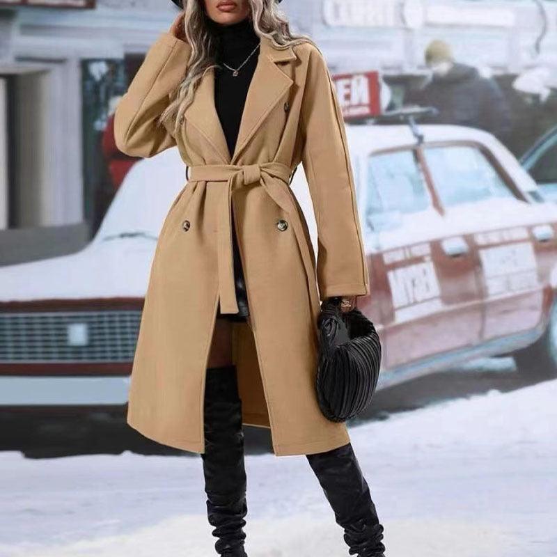 Womens Winter Coat Trend Lapel Double-breasted Trench Coat With Belt Winter Fashion Solid Color Long Jacket Outwear Women Clothing Notched Lapel Collar Double Breasted Pea Coat Winter Wool Blend Over Coats Long Jackets - Overture Gifts