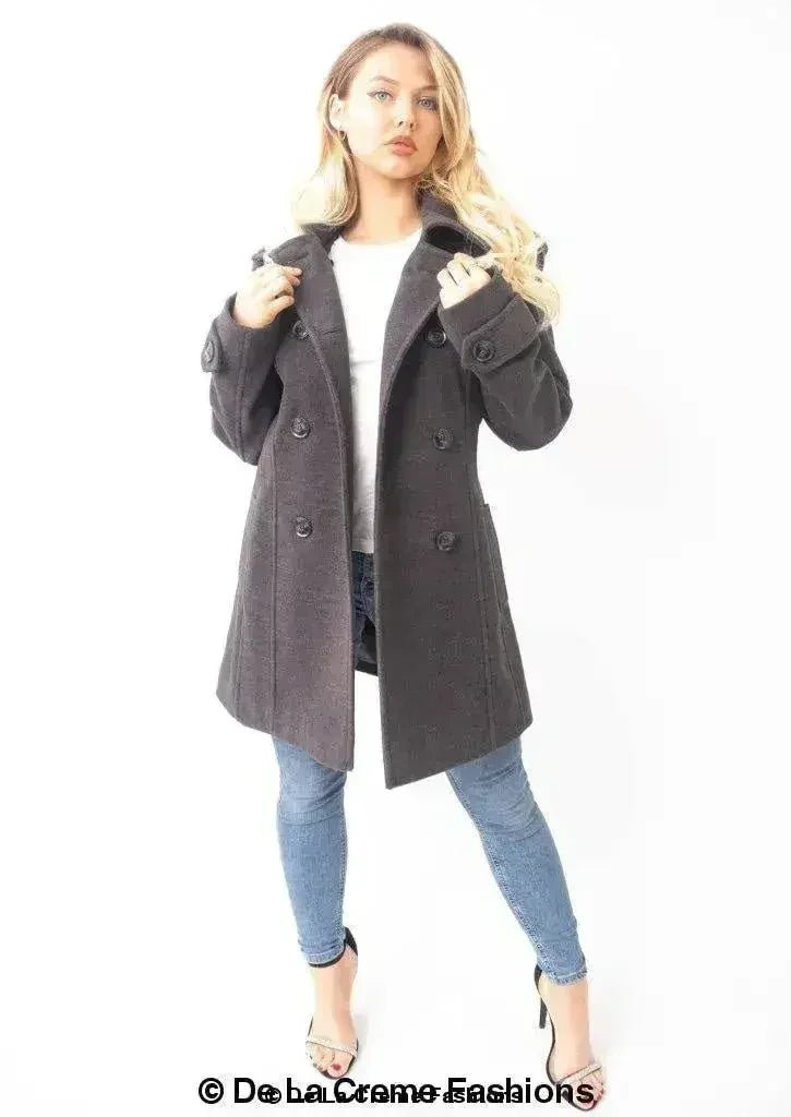 Womens Wool Feel Double Breasted Hooded Coat - Overture Gifts
