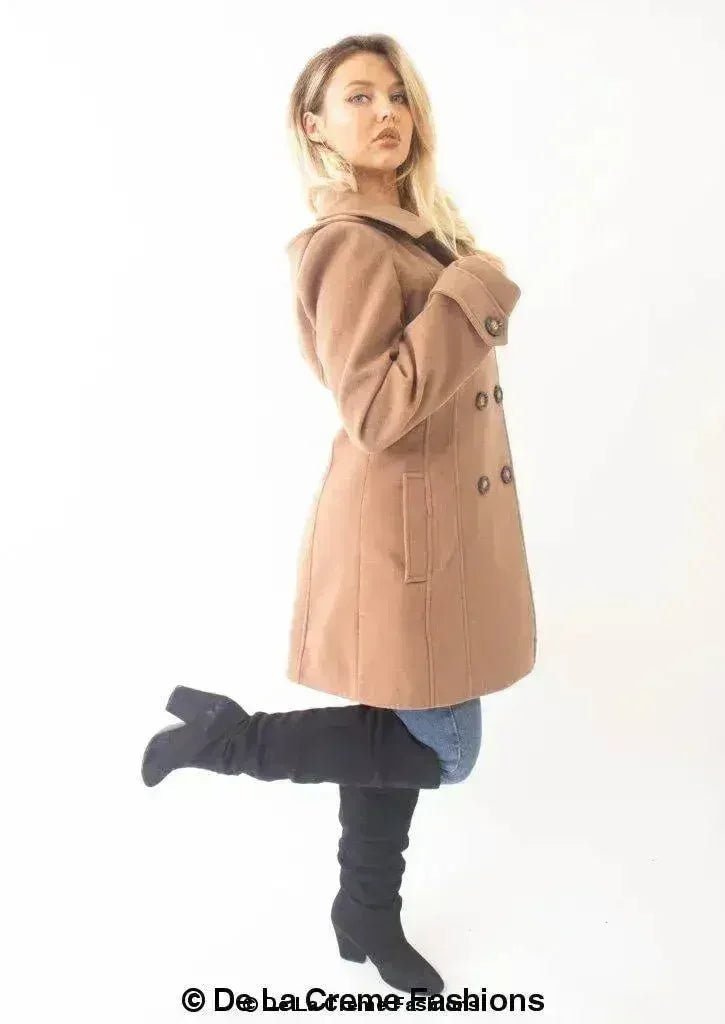 Womens Wool Feel Double Breasted Hooded Coat - Overture Gifts