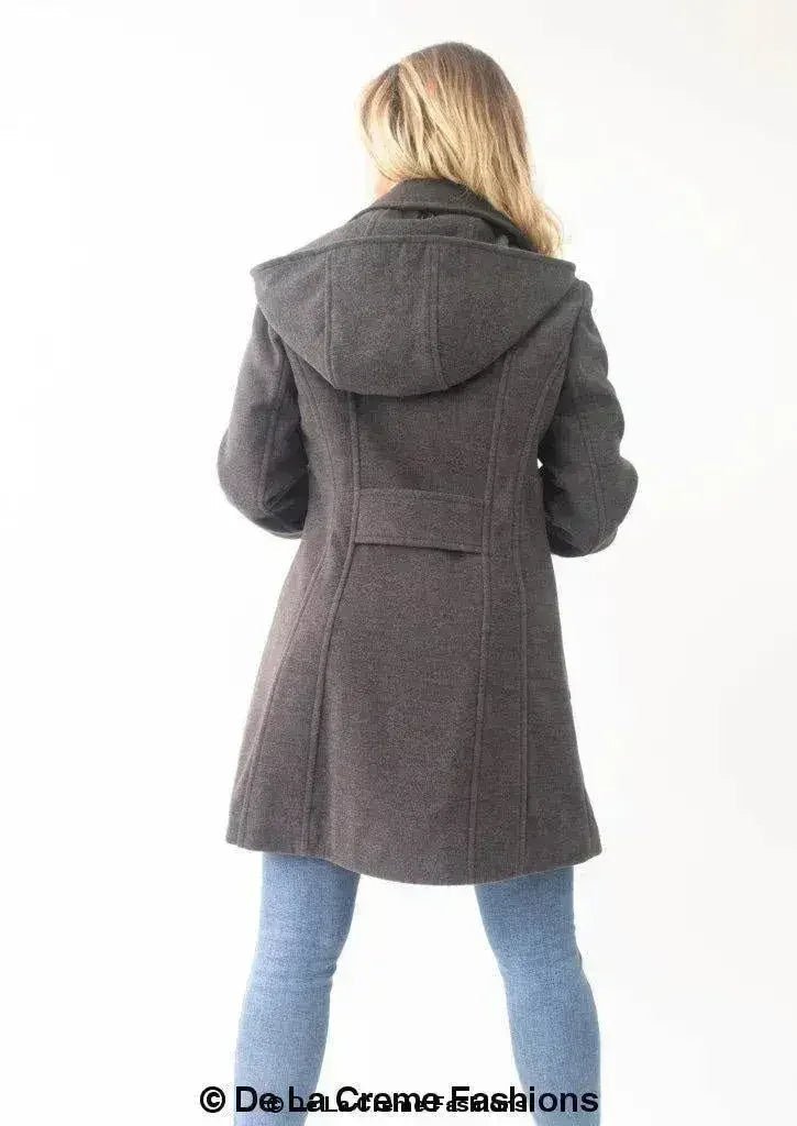 Womens Wool Feel Double Breasted Hooded Coat - Overture Gifts