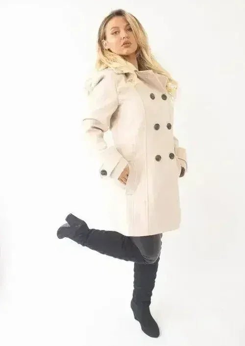Womens Wool Feel Double Breasted Hooded Coat - Overture Gifts