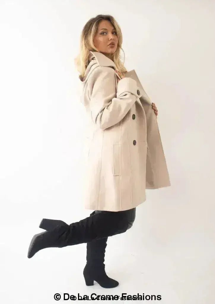 Womens Wool Feel Double Breasted Hooded Coat - Overture Gifts