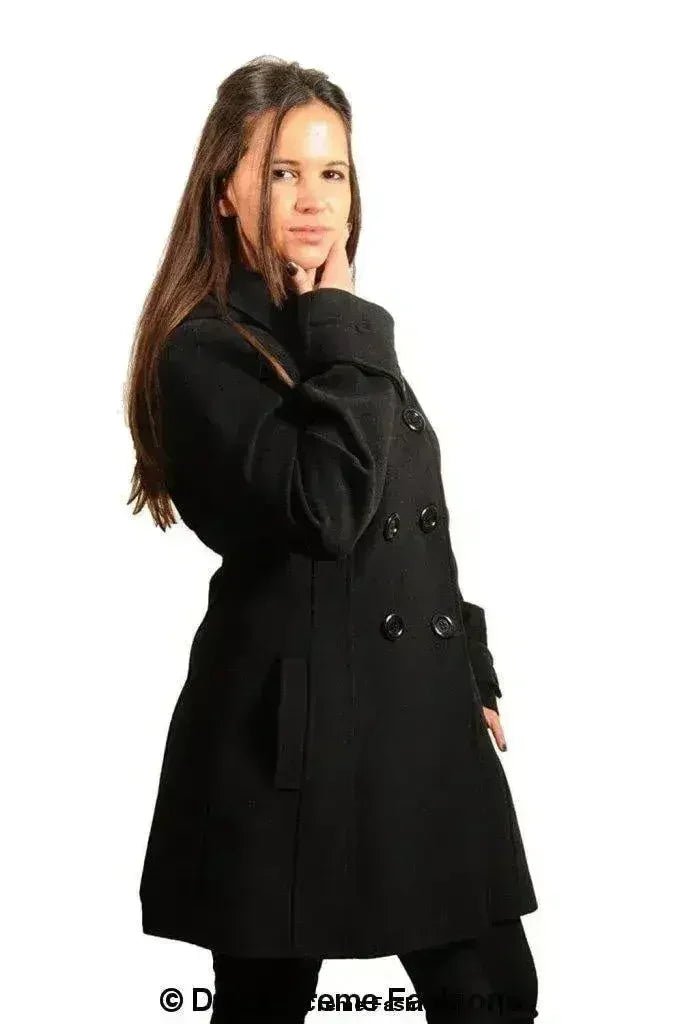 Womens Wool Feel Double Breasted Hooded Coat - Overture Gifts