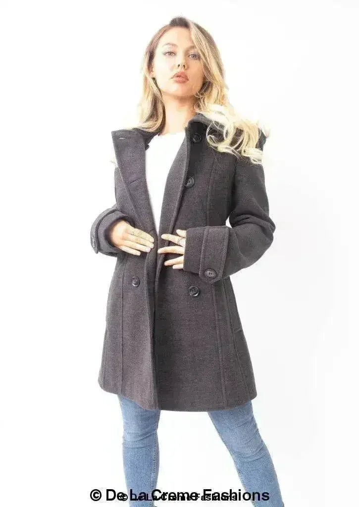 Womens Wool Feel Double Breasted Hooded Coat - Overture Gifts
