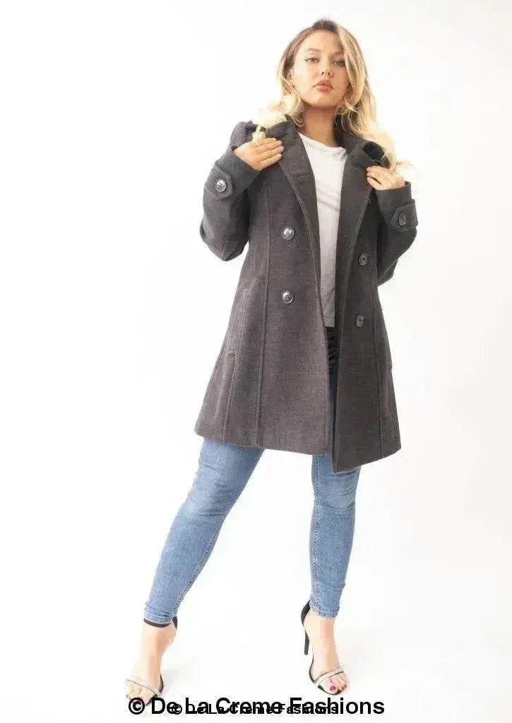 Womens Wool Feel Double Breasted Hooded Coat - Overture Gifts