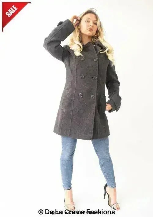 Womens Wool Feel Double Breasted Hooded Coat - Overture Gifts