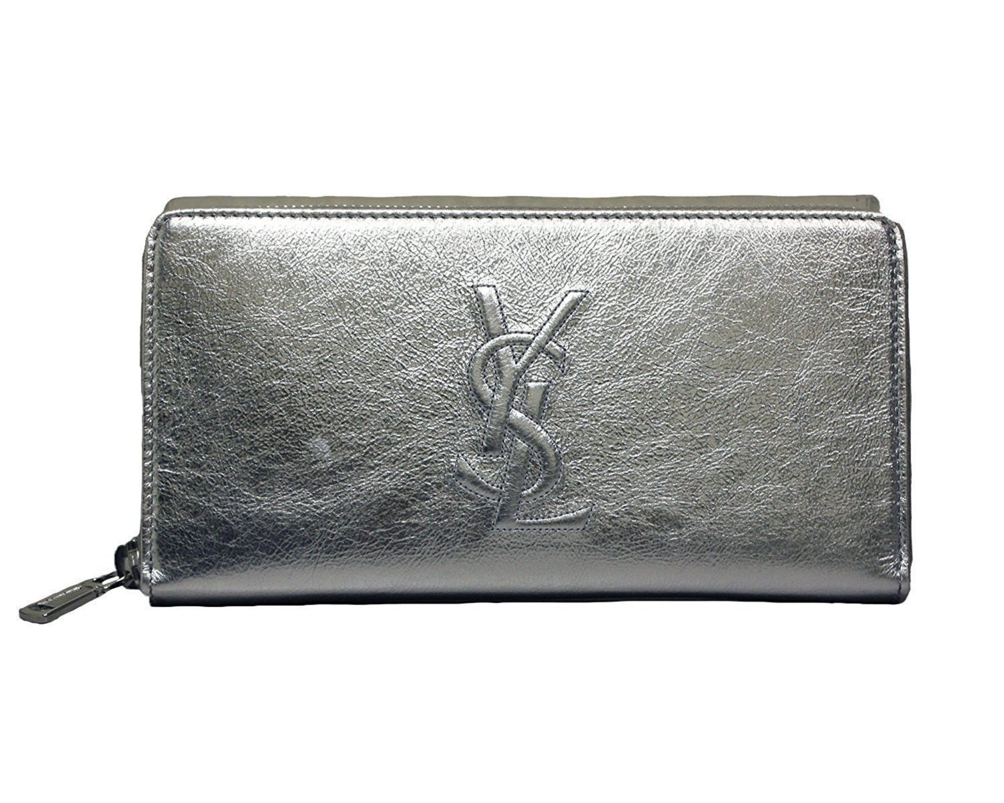 Saint Laurent YSL Belle Du Jour Silver Leather Zip-Around Wallet