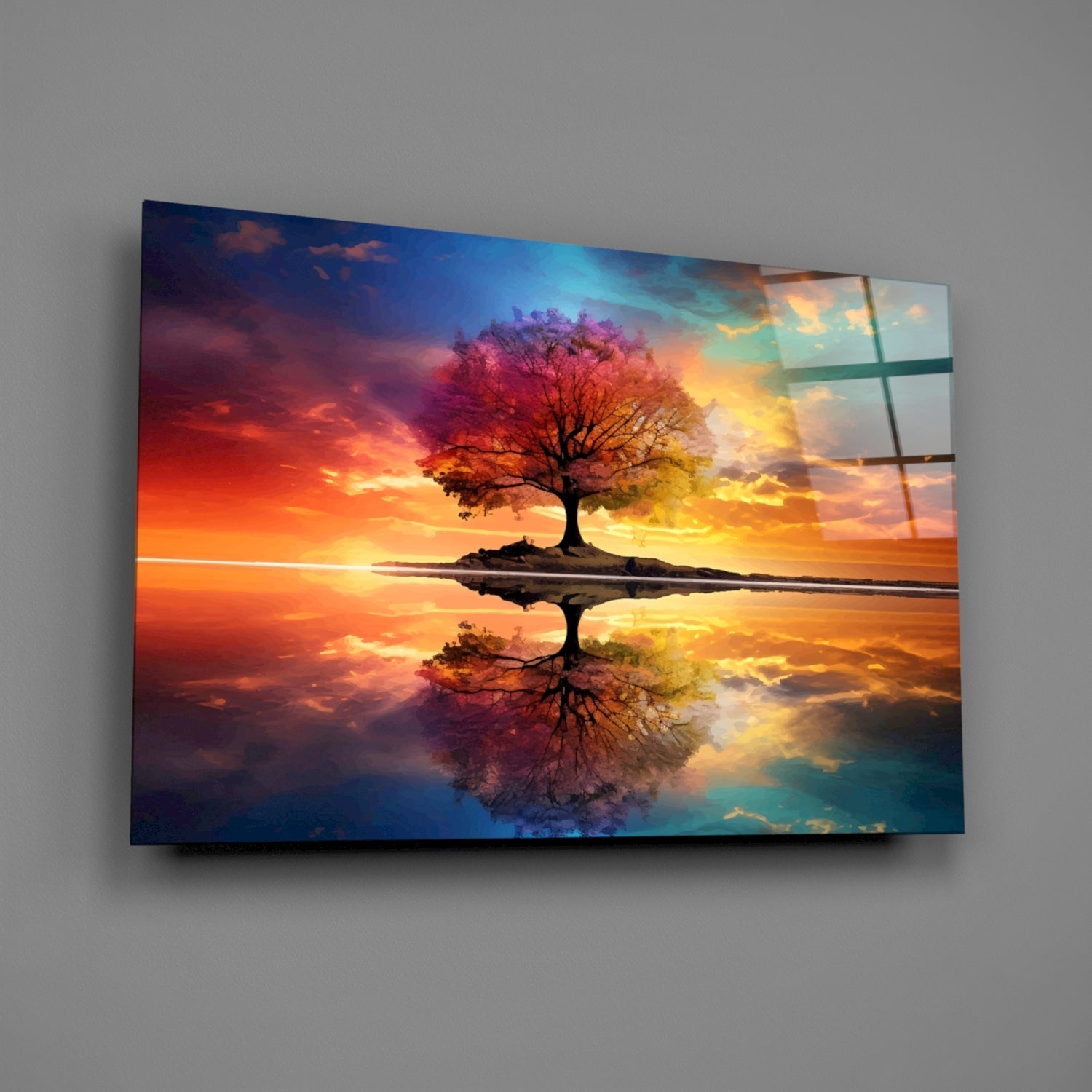 Rainbow Sky Mirror Lake Tree Of Life Glass Wall Art
