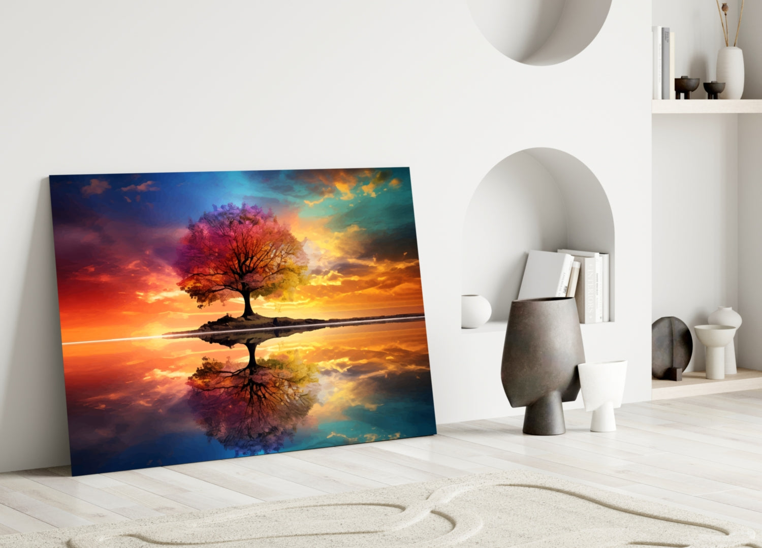 Rainbow Sky Mirror Lake Tree Of Life Glass Wall Art