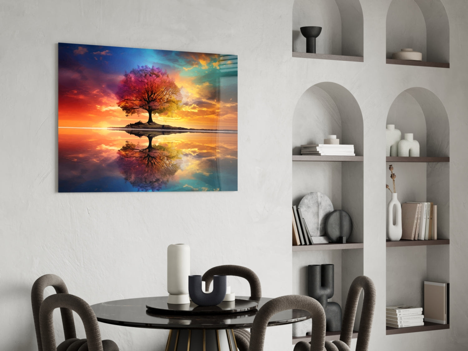 Rainbow Sky Mirror Lake Tree Of Life Glass Wall Art