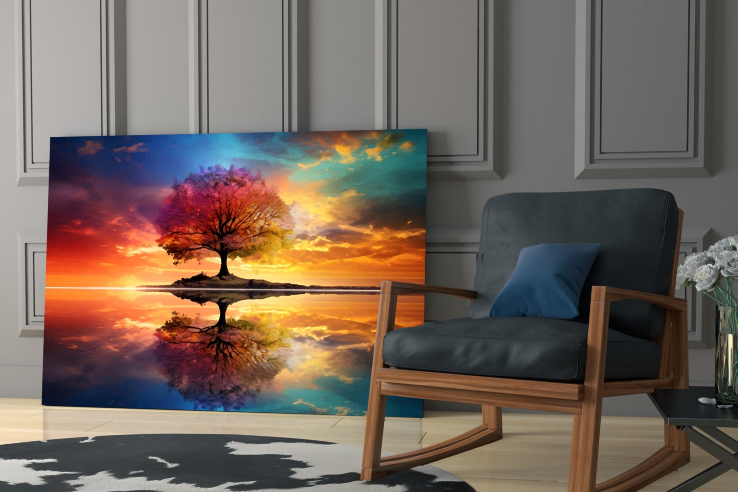 Rainbow Sky Mirror Lake Tree Of Life Glass Wall Art